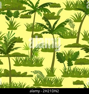 Yellow tropical background with jungle leaves. Thickets with palms in cartoon style. Seamless jungle pattern. Landscape with rainforest vector. Stock Vector