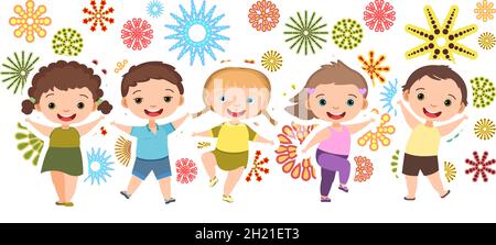 Children dance joy. Happy childhood. Firework. Little boys and girls. Kid is jumping for joy at the party. Nice kid. Cartoon style. Isolated on white Stock Vector