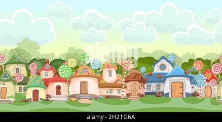 Village of gnomes. Sweet caramel fairy house. Summer cute landscape. Seamless horizontal Illustration in cartoon style flat design. Picture for Stock Vector