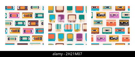 Set of vector seamless patterns for retro designs. Audio and video tapes, TV with VCR. Repetitive elements from the 80s and 90s. Stock Vector