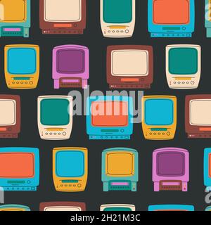 Seamless pattern old TV with VCR. Cassette recorder. Vector background for retro design. Stock Vector