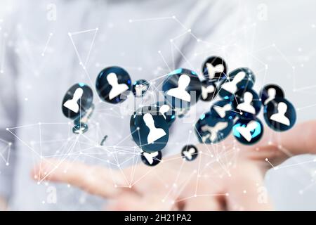 3D rendered profile icons hovering over the person's hand Stock Photo