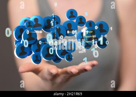 3D rendered profile icons hovering over the person's hand Stock Photo