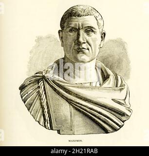 Gaius Julius Verus Maximinus 'Thrax' was Roman emperor from 235 to 238 AD. His father was an accountant in the governor's office and sprang from ancestors who were Carpi, a people whom Diocletian would eventually drive from their ancient abode and transfer to Pannonia. This illustration is of the bust housed in the Louvre Museum. Stock Photo