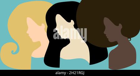 Illustration. Three diverse women. Asian, black and white. Feminism, 8 march. Stock Photo