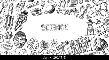 Science banner or poster. Engraved hand drawn in old sketch and vintage style. Astronaut and rocket. Scientific formulas and calculations in physics Stock Vector