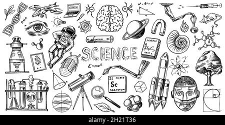 Science banner. Engraved hand drawn in old sketch and vintage style. Astronaut and rocket. Scientific formulas and calculations in physics and Stock Vector