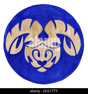 Aries Zodiac Symbol. Watercolor Illustration.The zodiac icon. Astrology. raster image Aries zodiac sign on a blue background Stock Photo