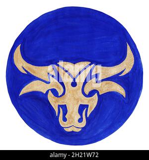 Taurus Zodiac Symbol. Watercolor Illustration.The zodiac icon. Astrology. raster image Taurus zodiac sign on a blue background Stock Photo