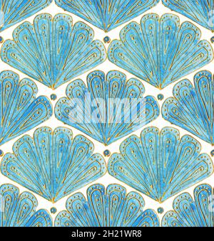 Blue fan-shaped pattern with gold lines and dots. Oriental design. Seashell is a simple motive. Seamless gold geometric  ornament on indigo. Stock Photo