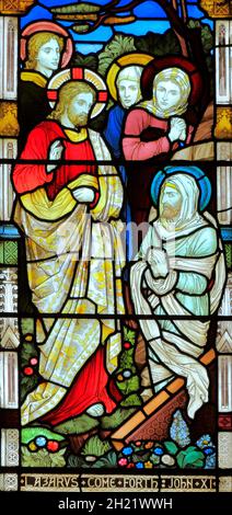 Miracles of Jesus, Raising of Lazarus, stained glass window, by Heaton Butler & Bayne, 1878, Swaffham, Norfolk, England, UK Stock Photo