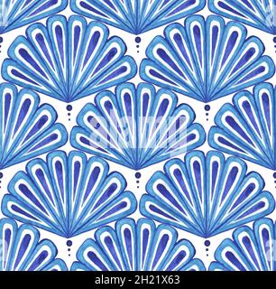 Blue fan-shaped oriental pattern. Japanese fan seamless pattern in blue color style. Japanese seashell inspired by floral  design. Stock Photo