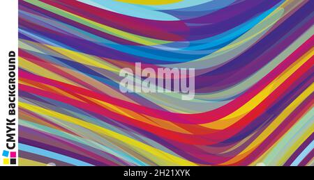 Abstract multicolor artistic background with colorful irregular curved stripes. Catchy vector graphic pattern. CMYK colors Stock Vector