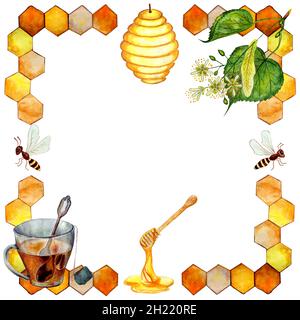 Frame with honeycombs, bees, linden inflorescence, a wooden spoon, a cup of tea and a beehive. Isolated white background. Watercolor hand painted. Stock Photo
