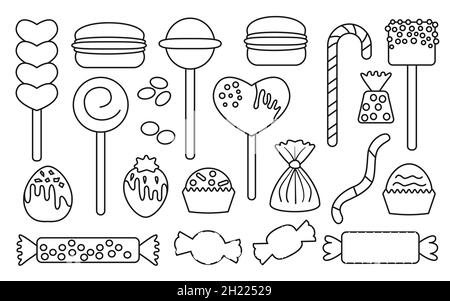 Candy sweets, assorted bonbon, marshmallow, hard candy on stick, dragee, macaroon, jelly worm, chocolate heart, strawberry, line, contour, outline set. Flat style candys isolated on white background Stock Vector