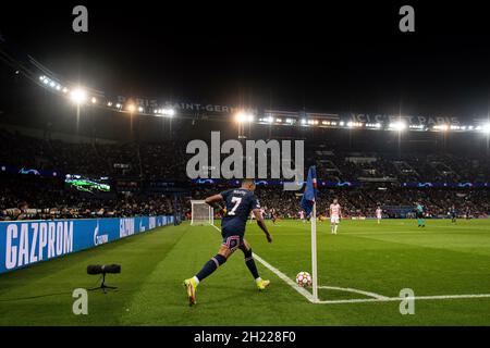 PARIS, FRANCE - OCTOBER 19: Kylian Mbappé of Paris Saint-Germain take corner kick during the UEFA Champions League group A match between Paris Saint-G Stock Photo