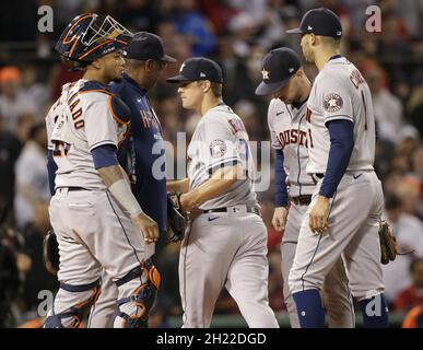 Boston, United States. 19th Oct, 2021. Houston Astros starting pitcher Zack Greinke (C) is taken out in the 2nd inning after giving up two runs in game four of the MLB ALCS against the Boston Red Sox at Fenway Park in Boston, Massachusetts on Tuesday, October 19, 2021. Photo by John Angelillo/UPI Credit: UPI/Alamy Live News Stock Photo