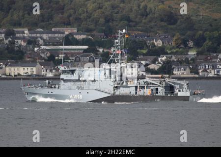 FGS Homburg (M1069), a Frankenthal-class (or Type 332) minehunter operated by the German Navy, passing Gourock on the Firth of Clyde as she heads out to take part in the military exercises Dynamic Mariner 2021 and Joint Warrior 21-2. Stock Photo
