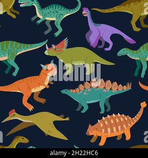 Seamless pattern with cute cartoon doodle dinosaurs and nature elements, rocks, leaves and stars. Cute children design. Stock Vector