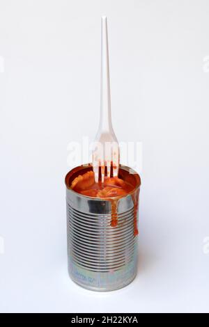 Ravioli in tin and plastic fork, ready meal with fork Stock Photo