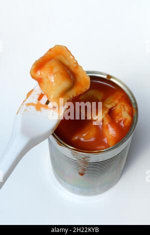 Ravioli in tin and plastic fork, ready meal with fork Stock Photo
