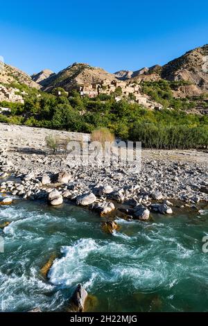 Panjshir river flowing through the Panjshir Valley, Afghanistan Stock Photo