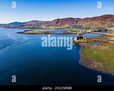 Aerial of the Eilean Donan Castle, Scotland, United Kingdom Stock Photo