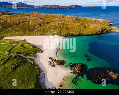 Aerial of white sand and turquoise water at Bosta Beach, Isle of Lewis, Outer Hebrides, Scotland, UK Stock Photo