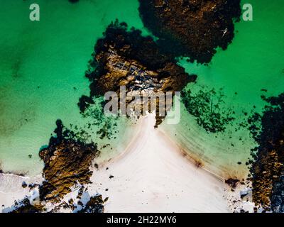 Aerial of white sand and turquoise water at Bosta Beach, Isle of Lewis, Outer Hebrides, Scotland, UK Stock Photo