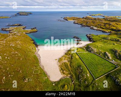 Aerial of white sand and turquoise water at Bosta Beach, Isle of Lewis, Outer Hebrides, Scotland, UK Stock Photo