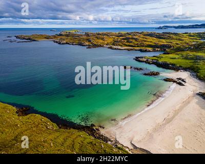 Aerial of white sand and turquoise water at Bosta Beach, Isle of Lewis, Outer Hebrides, Scotland, UK Stock Photo