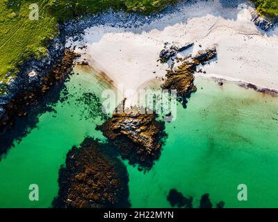 Aerial of white sand and turquoise water at Bosta Beach, Isle of Lewis, Outer Hebrides, Scotland, UK Stock Photo