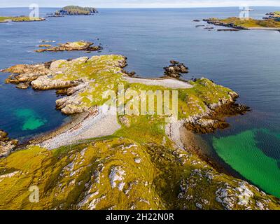 Aerial of white sand and turquoise water at Bosta Beach, Isle of Lewis, Outer Hebrides, Scotland, UK Stock Photo