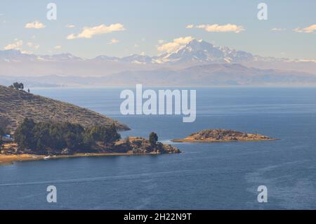 View over Lake Titicaca to the Cordillera Real mountain range, Copacabana, La Paz Department, Bolivia Stock Photo