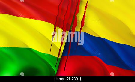 Bolivia and Colombia flags with scar concept. Waving flag 3D rendering. Bolivia and Colombia conflict concept. Bolivia Colombia relations concept. fla Stock Photo