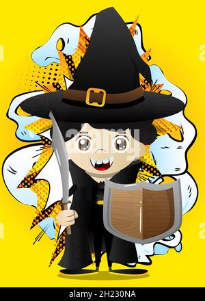 Kid dressed for Halloween holding a sword and shield. Vector cartoon character illustration of kids ready to Trick or Treat.Kid dressed for Halloween Stock Vector