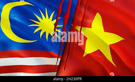 Malaysia and Vietnam flags with scar concept. Waving flag,3D rendering. Malaysia and Vietnam conflict concept. Malaysia Vietnam relations concept. fla Stock Photo