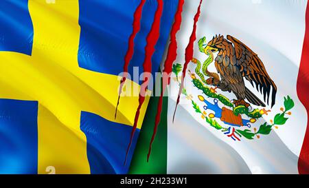 Sweden and Mexico flags with scar concept. Waving flag,3D rendering. Mexico and Sweden conflict concept. Sweden Mexico relations concept. flag of Swed Stock Photo