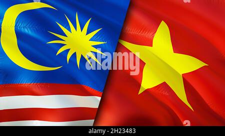 Malaysia and Vietnam flags. 3D Waving flag design. Malaysia Vietnam flag, picture, wallpaper. Malaysia vs Vietnam image,3D rendering. Malaysia Vietnam Stock Photo