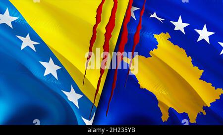 Bosnia and Kosovo flags with scar concept. Waving flag,3D rendering. Kosovo and Bosnia and Herzegovina conflict concept. Bosnia Kosovo relations conce Stock Photo