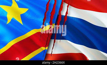 DR Congo and Thailand flags with scar concept. Waving flag,3D rendering. Thailand and DR Congo conflict concept. DR Congo Thailand relations concept. Stock Photo