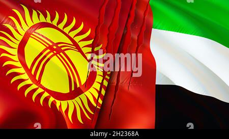 Kyrgyzstan and United Arab Emirates flags with scar concept. Waving flag,3D rendering. Kyrgyzstan and United Arab Emirates conflict concept. Kyrgyzsta Stock Photo