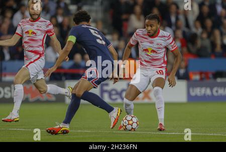 Paris, France, on October/ 2021, CHRISTOPHER NKUNKU of RB LEIPZIG during the UEFA Champions League first round Group A football match between Paris Saint-Germain's (PSG) and RB Leipzig, at The Parc des Princes stadium, in Paris, France on October 19, 2021.Photo by Loic Baratoux/ABACAPRESS.COM Stock Photo
