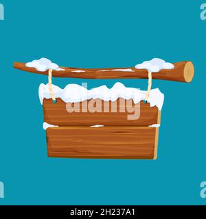 Hanging wooden signpost with rope and snow, textured frame in cartoon style isolated on white background. Ui asset, design element. Rural chain, old timber. Vector illustration. Vector illustration Stock Vector