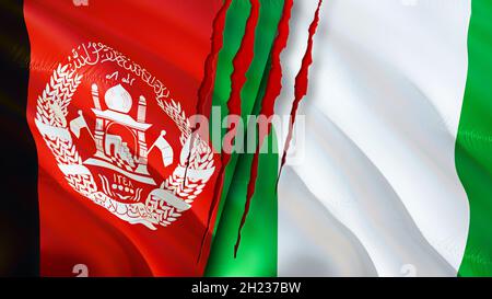 Afghanistan and Nigeria flags with scar concept. Waving flag,3D rendering. Nigeria and Afghanistan conflict concept. Afghanistan Nigeria relations con Stock Photo