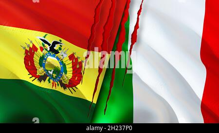 Bolivia and Italy flags with scar concept. Waving flag,3D rendering. Italy and Bolivia conflict concept. Bolivia Italy relations concept. flag of Boli Stock Photo