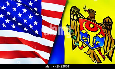 United States and Moldova flags. 3D Waving flag design. United States Moldova flag, picture, wallpaper. United States vs Moldova image,3D rendering. U Stock Photo