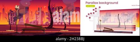 Parallax background city park in fire, war destroy, abandoned burning broken bench and skyscraper buildings 2d cityscape. Cartoon apocalyps game scene, view with separated layers, Vector illustration Stock Vector
