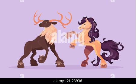 Deer and horse, wild hoofed animals. Vector cartoon set of majestic stag with antlers and mustang with beautiful mane and tail.Stallion rearing up and big reindeer isolated on purple background Stock Vector