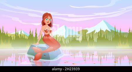 Mermaid girl sitting on stone in lake. Vector cartoon illustration of beautiful fairy tale woman with fish tail and landscape with river, forest on shore and mountains Stock Vector